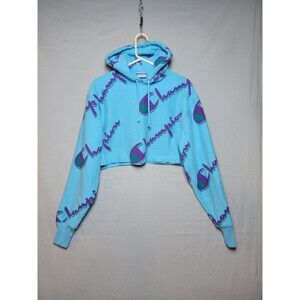 Champion Reverse Weave Cropped All-Over Print Hoodie Womens Small Blue 2000s